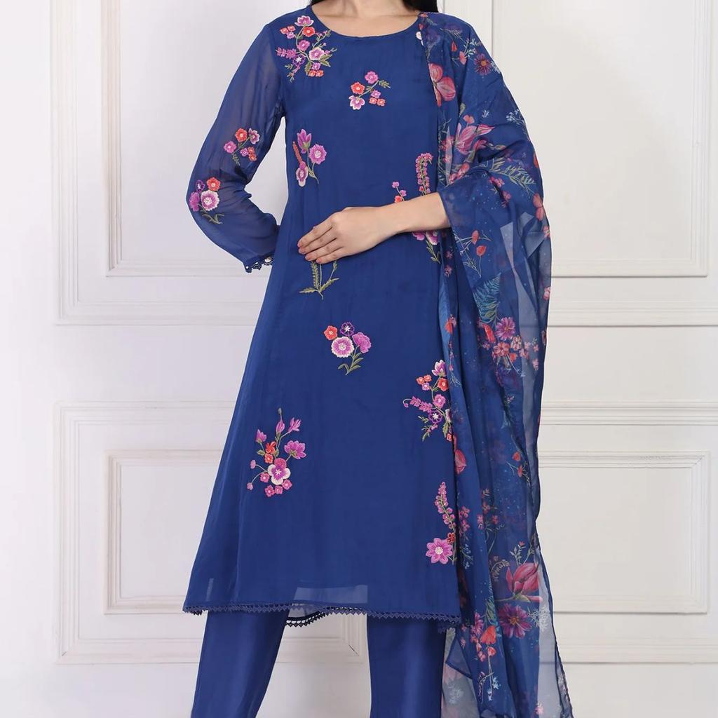 Blue Embroidered A-Line Organza Kurta with Straight Pant and Dupatta Set