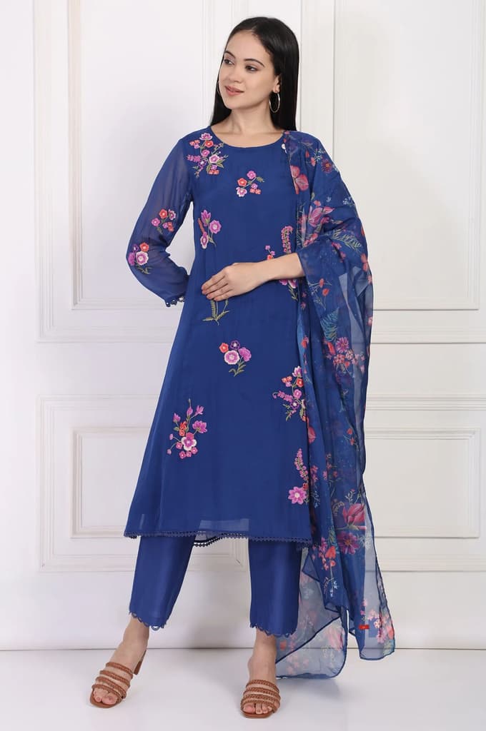 Blue Embroidered A-Line Organza Kurta with Straight Pant and Dupatta Set — XS