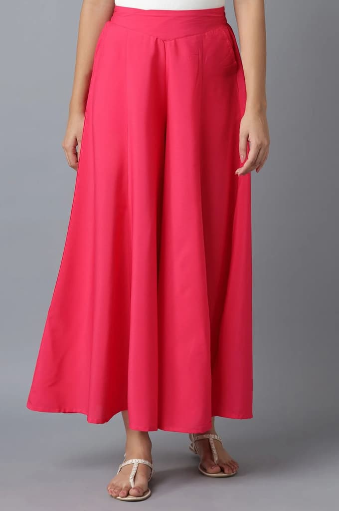 Pink Solid Flared Cotton Palazzo With Side Pockets