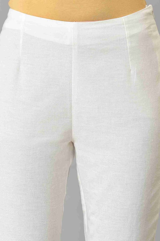 White Solid Cotton Flax Slim Pant with Embellished Hemline — photo 6