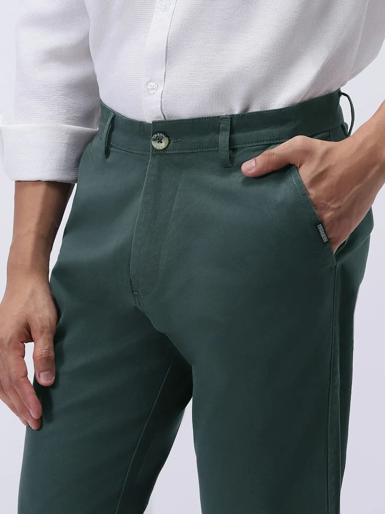 Men's Teal Green Cotton Regular Fit Casual Chinos Trousers Stretch — photo 6