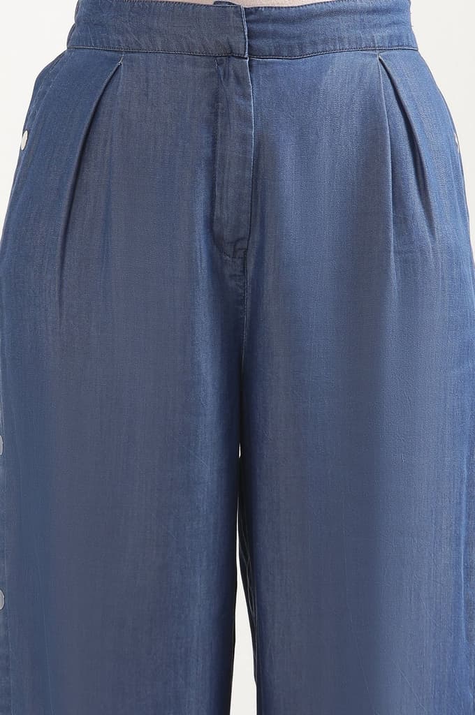 Blue Solid Wide Leg Denim Palazzo With Side Buttons — photo 6