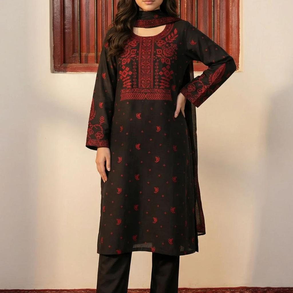 Black Floral Printed Jacquard Straight Kurta with Pants and Dupatta Set