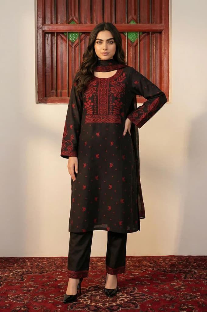 Black Floral Printed Jacquard Straight Kurta with Pants and Dupatta Set — XS
