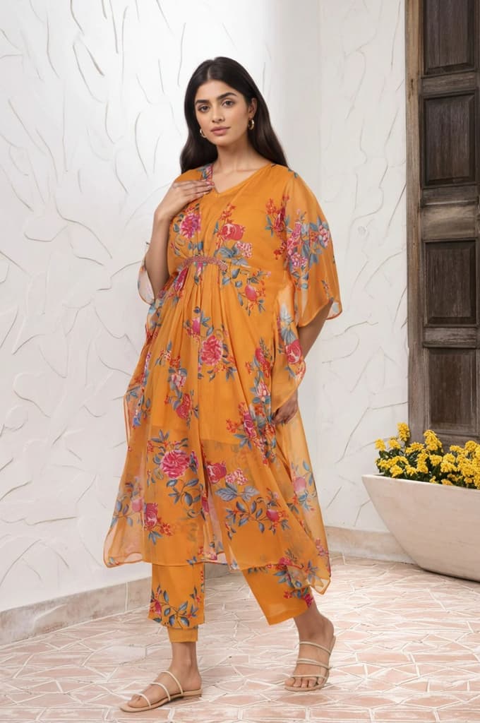 Orange Floral Printed Sequined Flared Chiffon Kaftan with Pant Set — photo 6