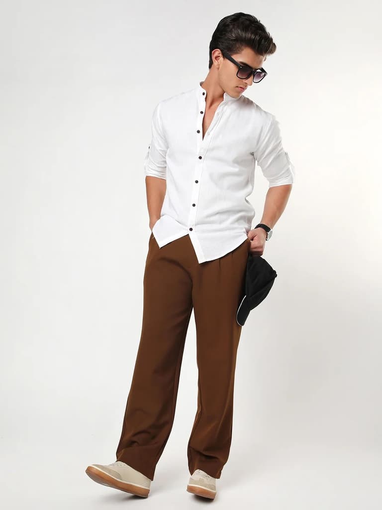 Men's White Linen Blend Full Sleeve Relaxed Fit Mandarin Collar Casual Solid Shirt — photo 4