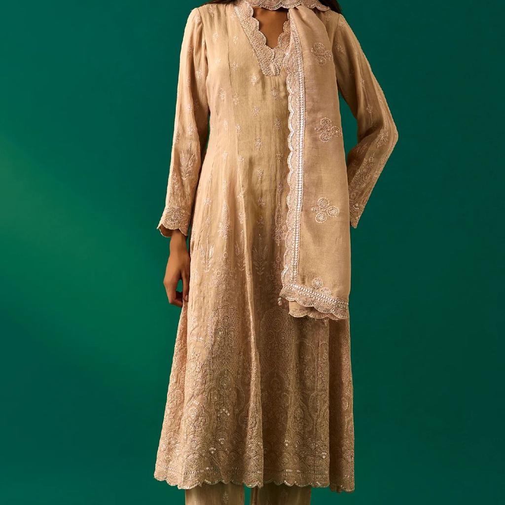 Beige Embroidered Anarkali Kurta with Straight Pant and Dupatta Set