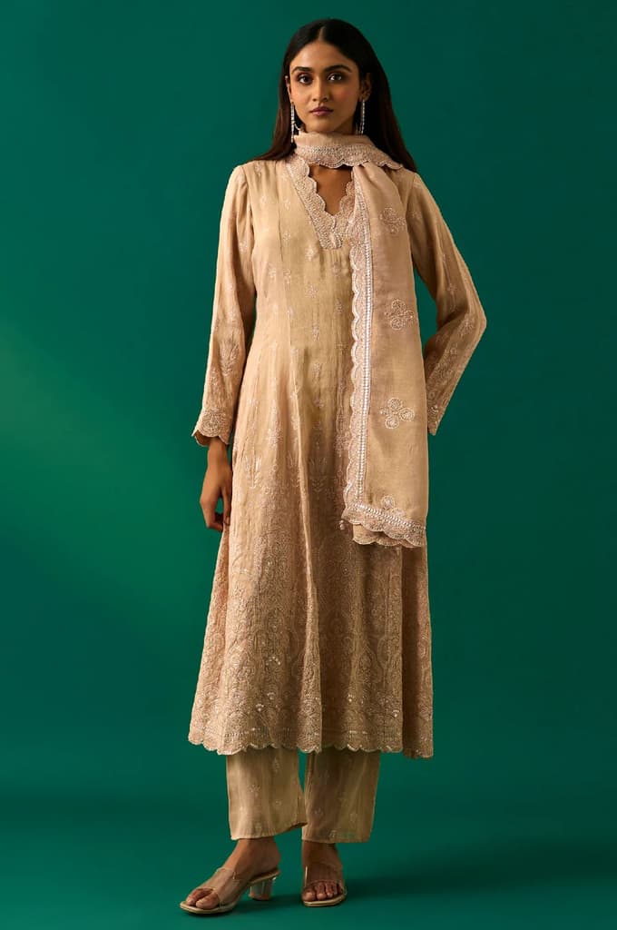 Beige Embroidered Anarkali Kurta with Straight Pant and Dupatta Set — XS