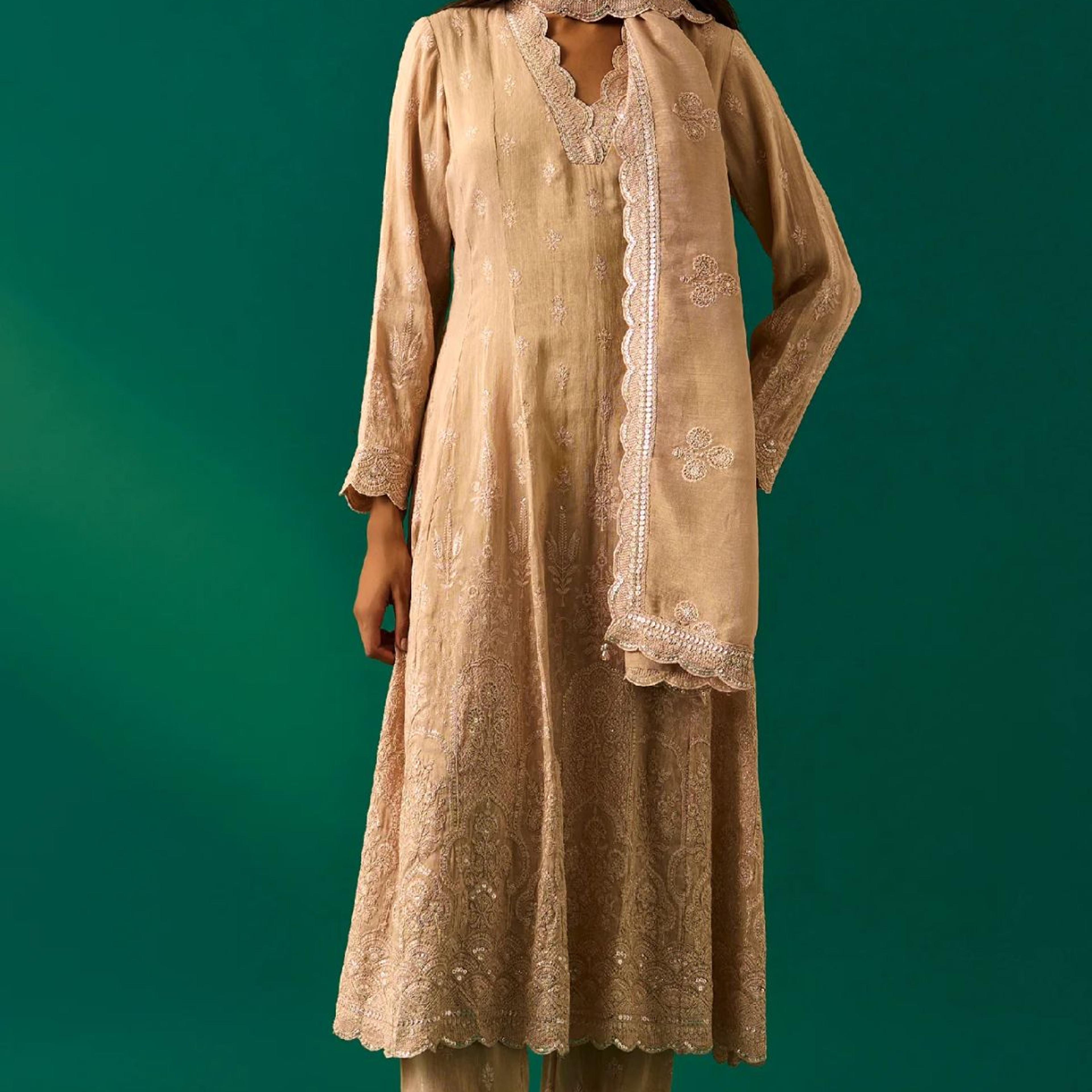 Beige Embroidered Anarkali Kurta with Straight Pant and Dupatta Set