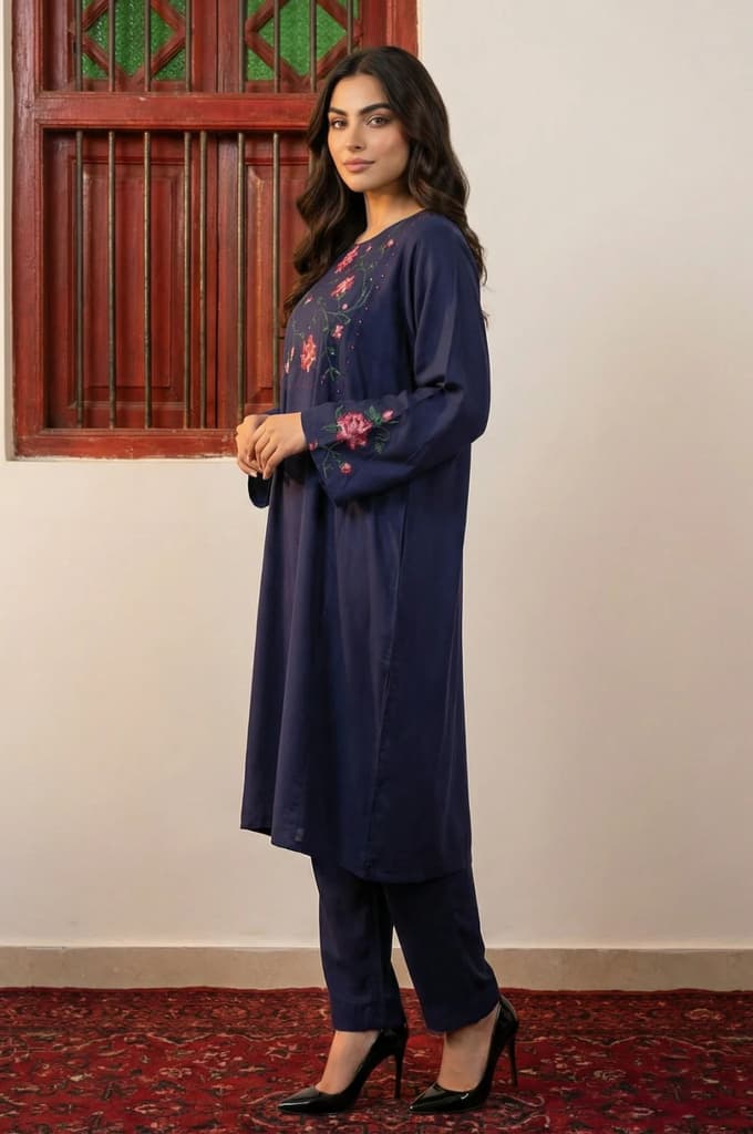 Navy Blue Thread Embroidered Straight Kurta with Pants Co-ord Set — photo 3