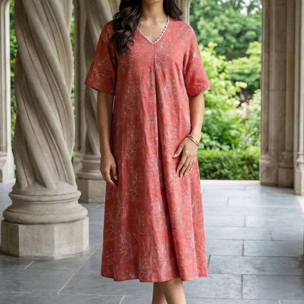 Rust Floral Printed Rayon A-line Dress