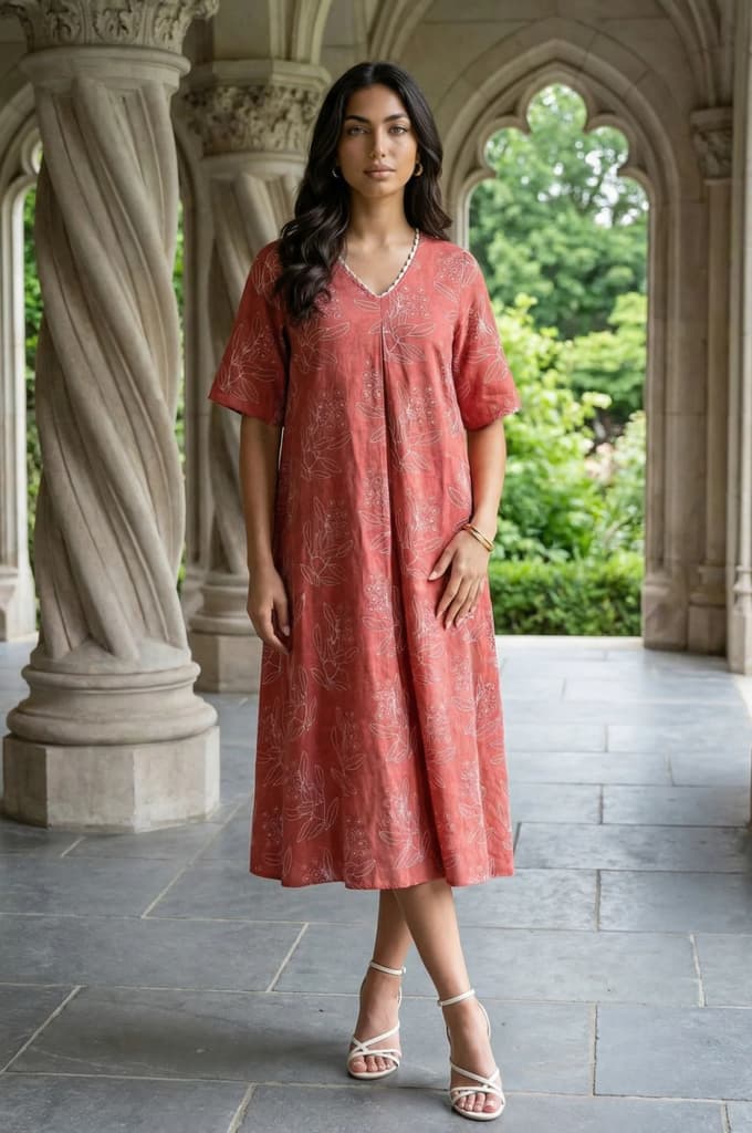 Rust Floral Printed Rayon A-line Dress — XS