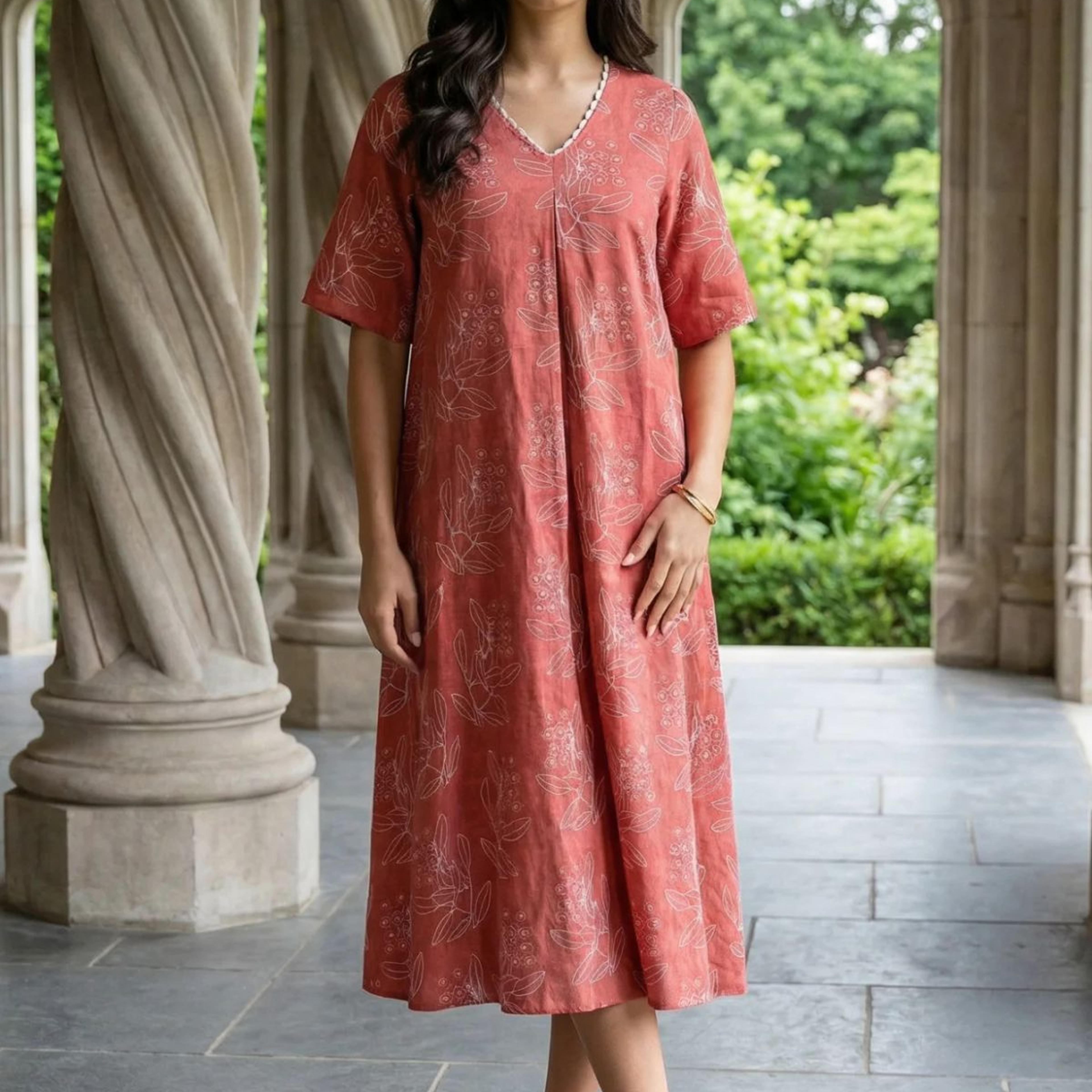 Rust Floral Printed Rayon A-line Dress