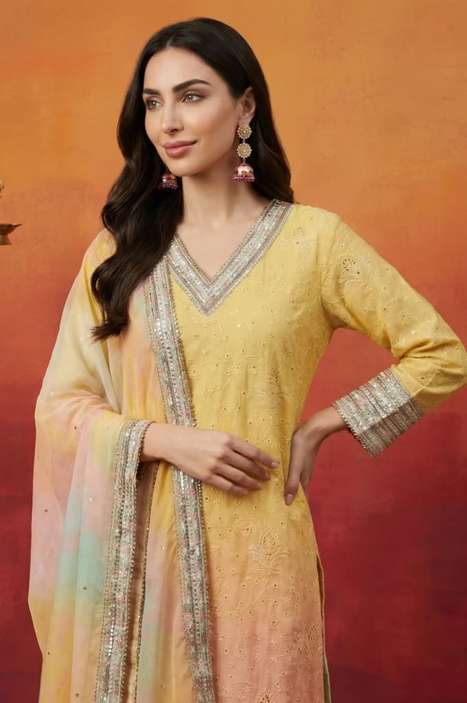 Yellow Ombre Thread Embroidered Georgette Straight Kurta with and Dupatta Set — photo 2