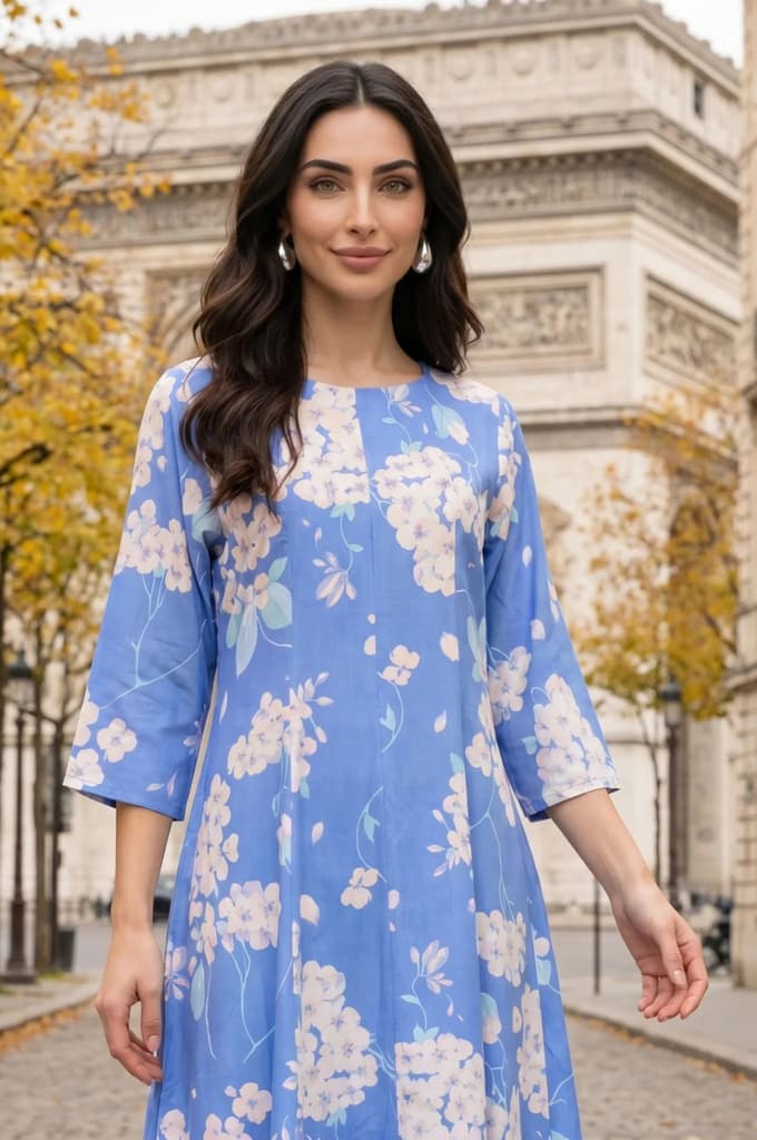 Blue Floral Printed Cotton Flax Flared Kurta — photo 2