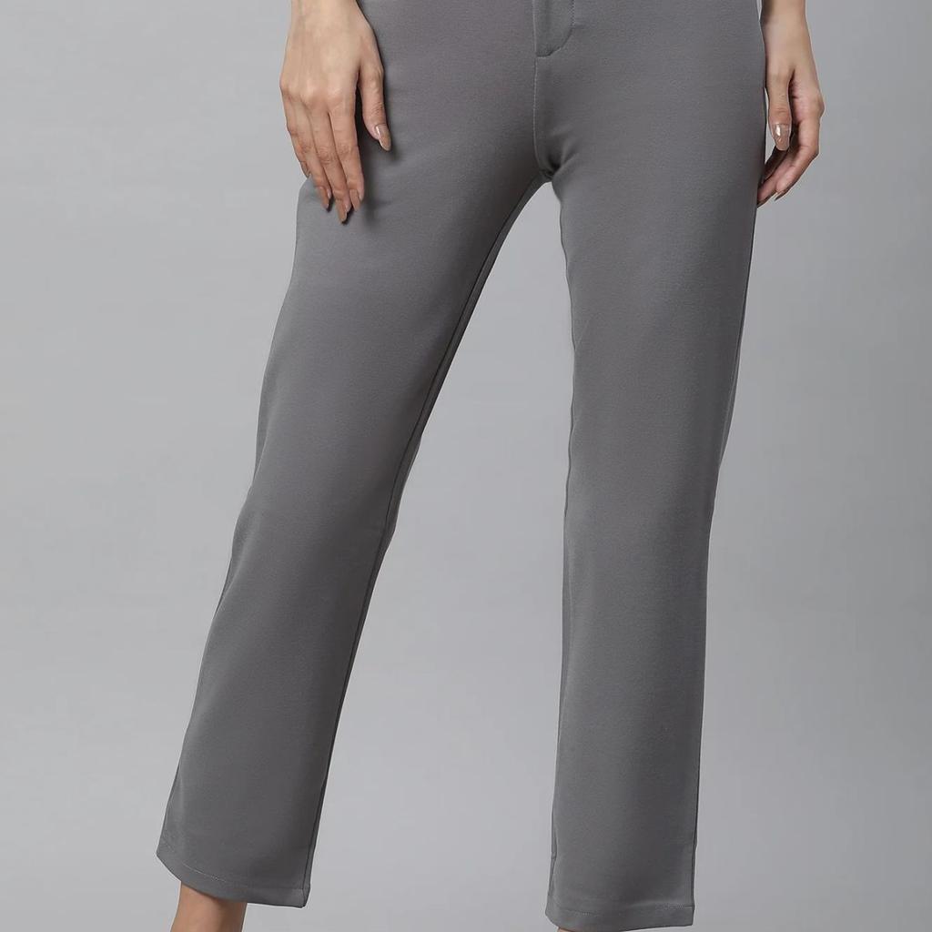 Grey Solid Slim Fit Pants With Front Zip