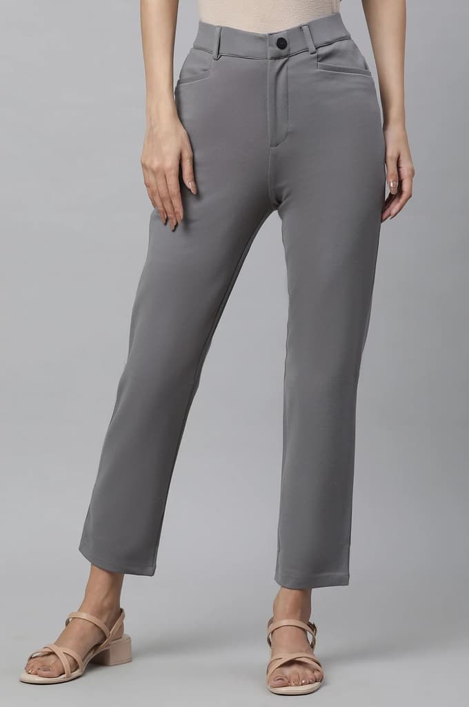 Grey Solid Slim Fit Pants With Front Zip
