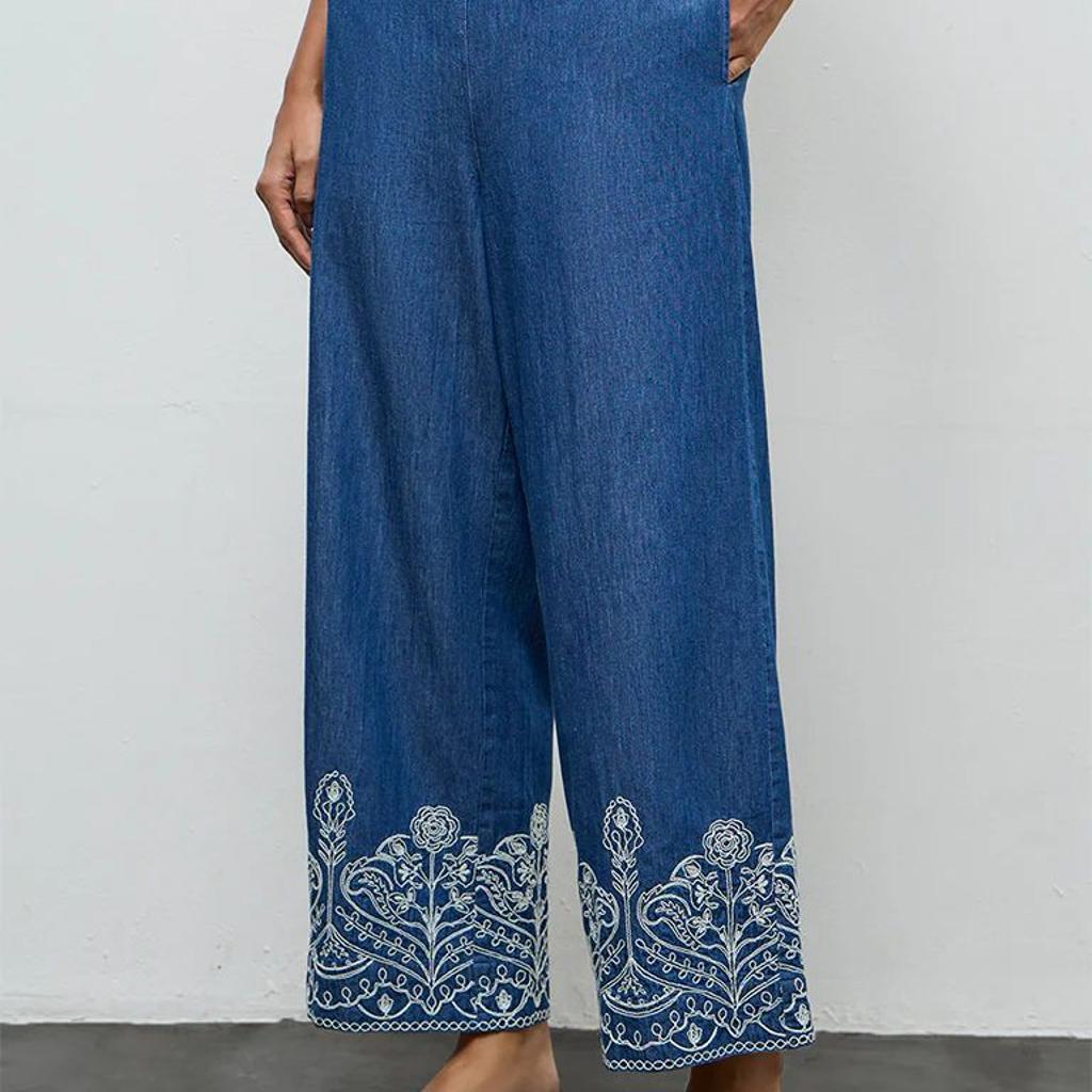 Utsa Indigo Floral Embroidered Cotton Pants