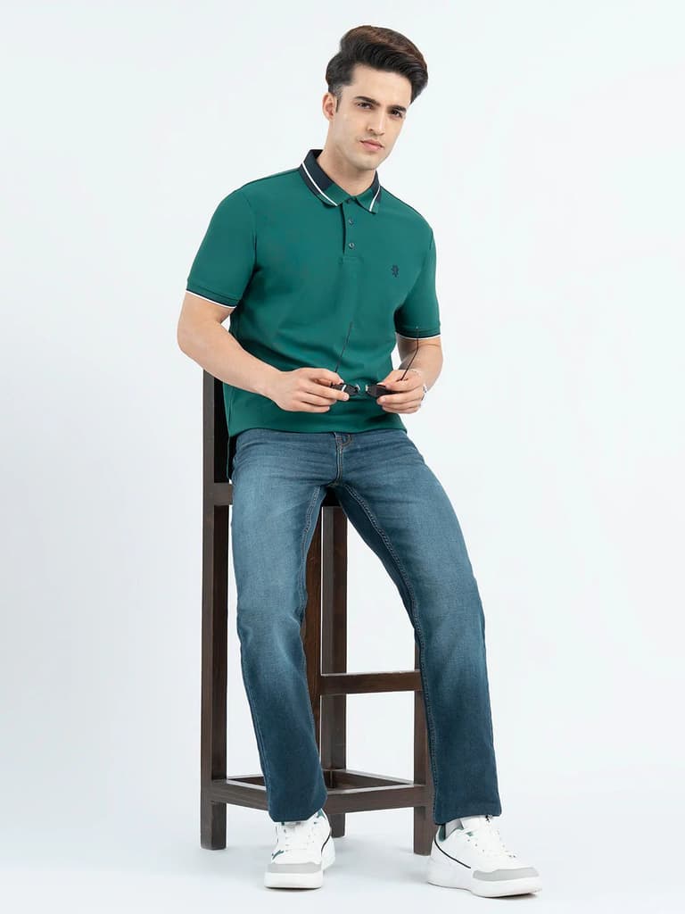 T Shirts for Men in Forest Green | Jacquard Collar Polo T Shirt — photo 5