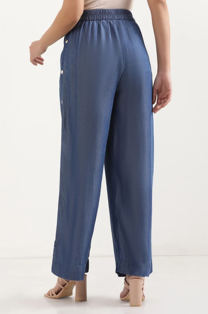 Blue Solid Wide Leg Denim Palazzo With Side Buttons — photo 4