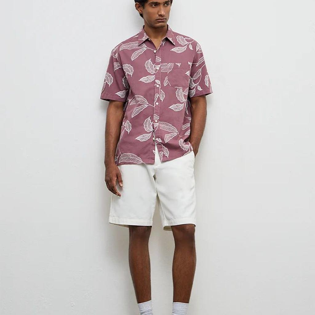 WES Casuals Dusty Pink Printed Relaxed-Fit Cotton-Blend Shirt
