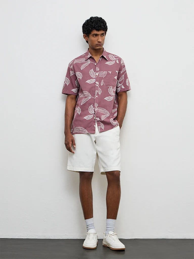 WES Casuals Dusty Pink Printed Relaxed-Fit Cotton-Blend Shirt