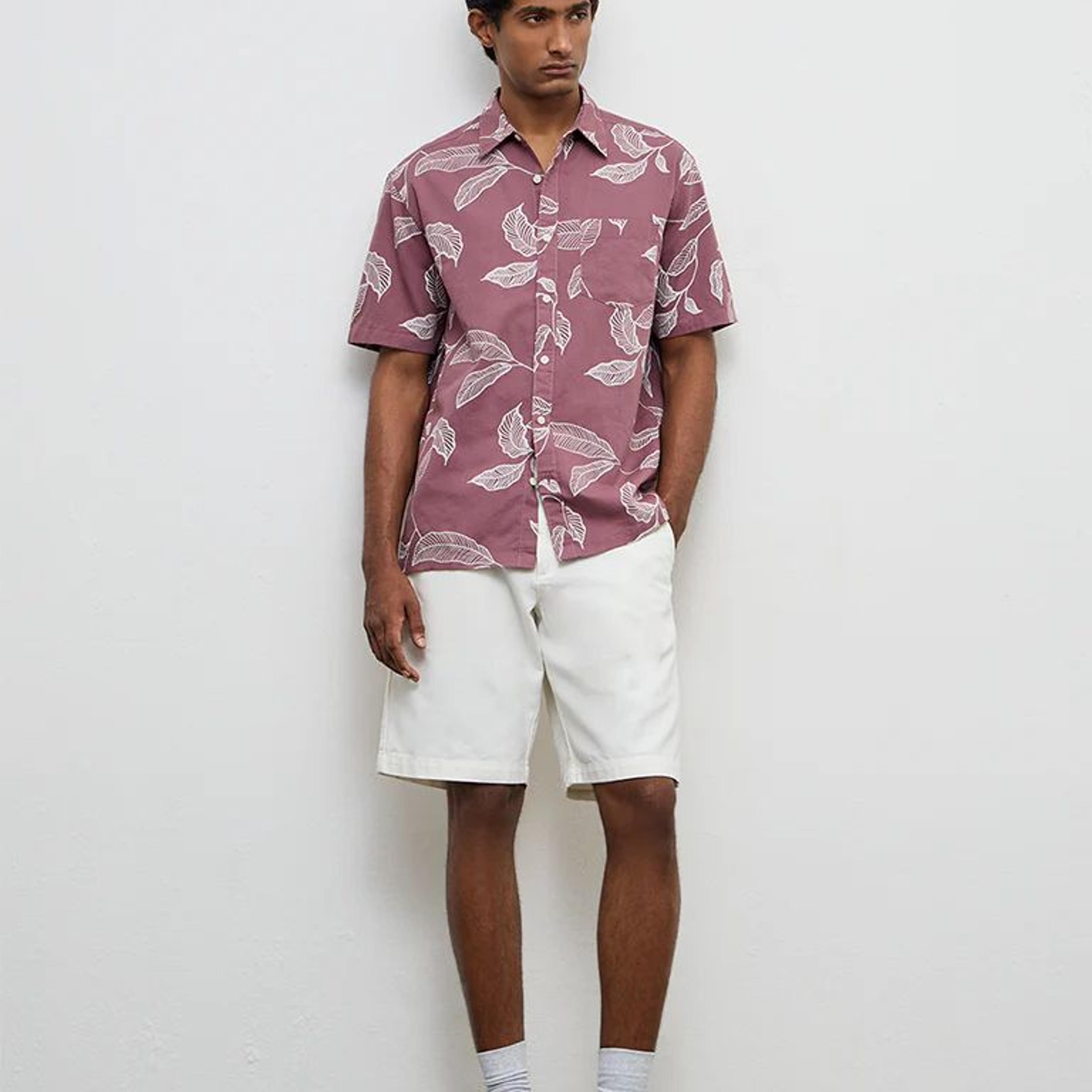 WES Casuals Dusty Pink Printed Relaxed-Fit Cotton-Blend Shirt