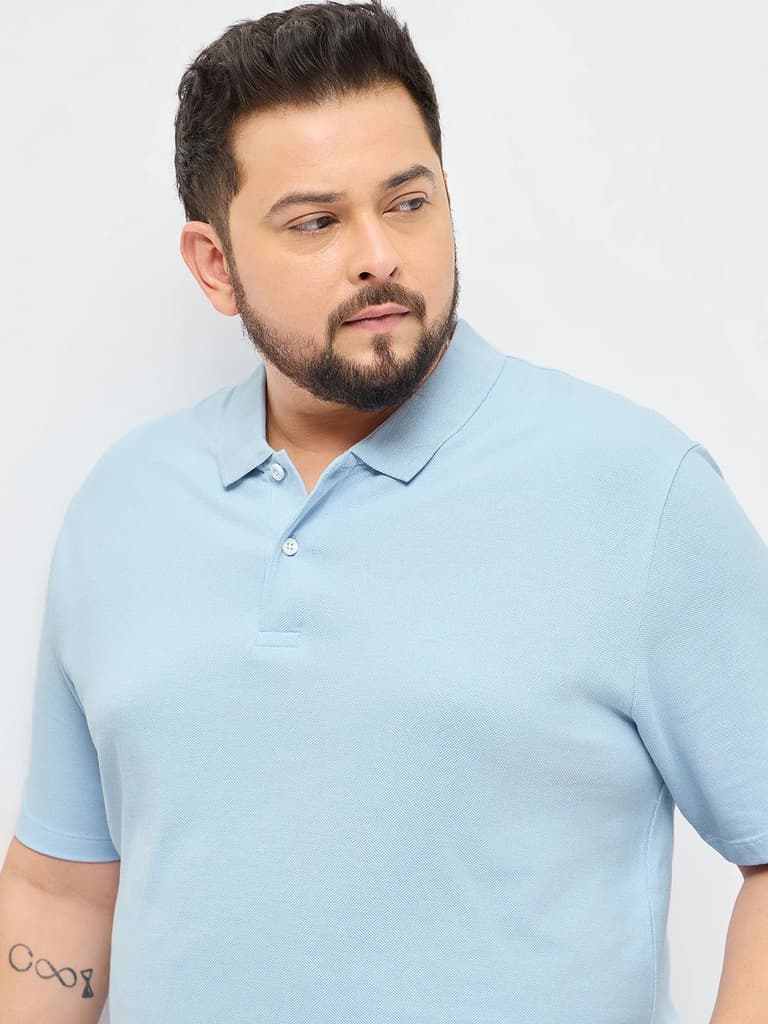 Plus Men's Light Sky Blue Solid Regular Fit Half Sleeve Cotton Polo T-Shirt — photo 5