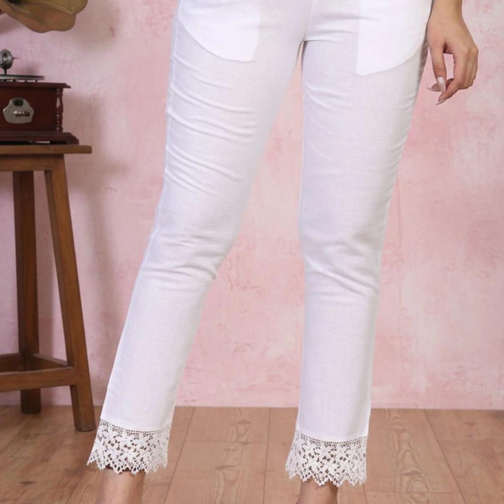 White Lace Trim Slim-Fit Cotton Pant