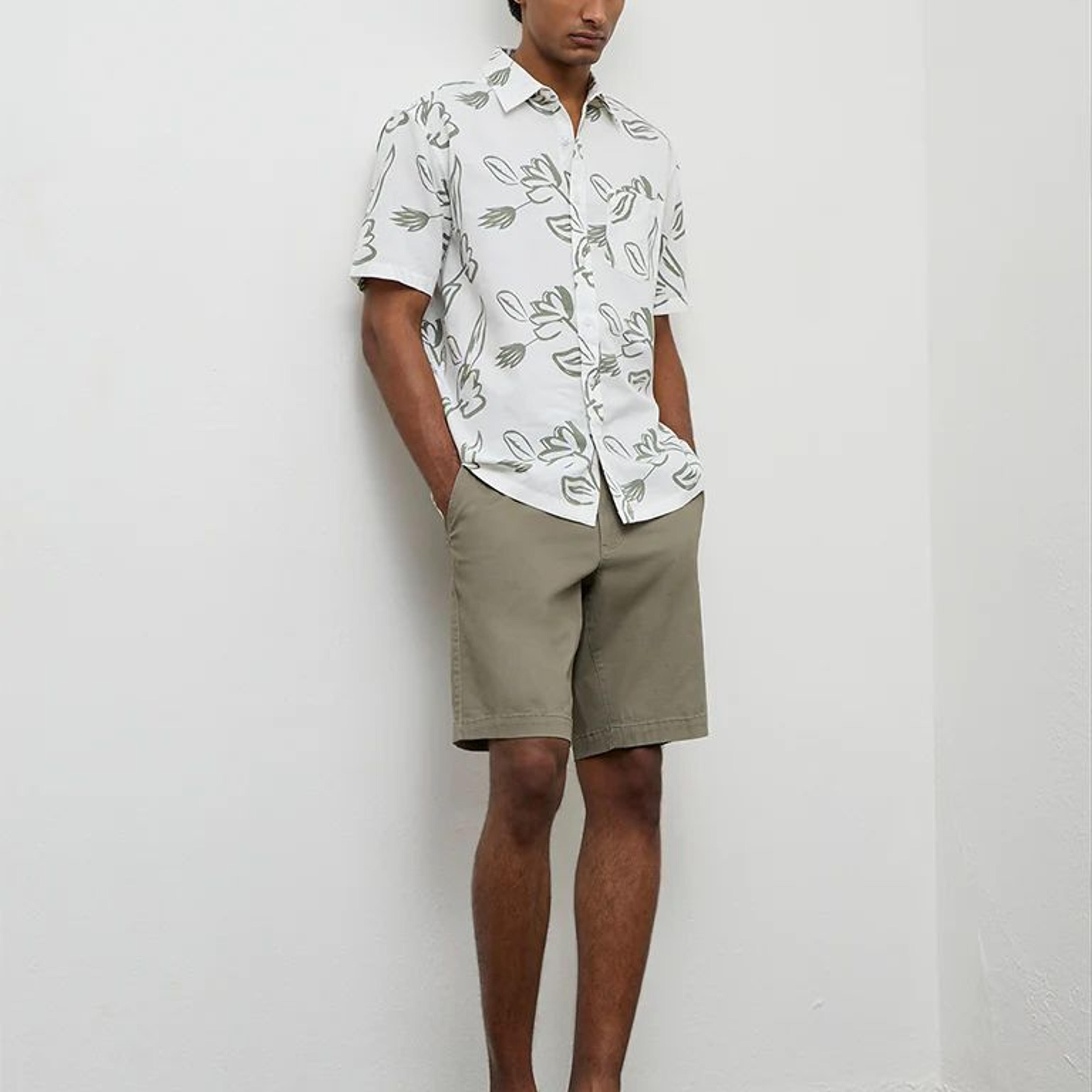 WES Casuals White Printed Relaxed-Fit Cotton-Blend Shirt