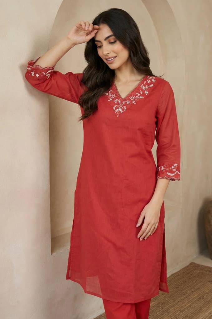 Red Thread Embroidered Straight Chanderi Kurta — photo 3