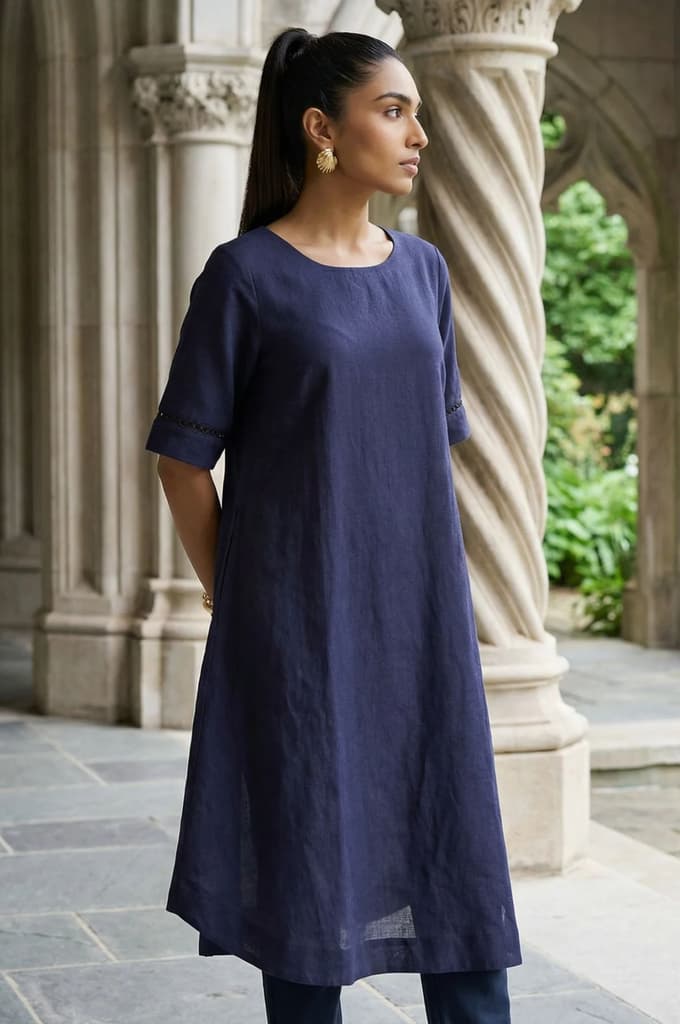 Navy Blue Solid Lace Rayon Flax A-line Kurta — photo 2