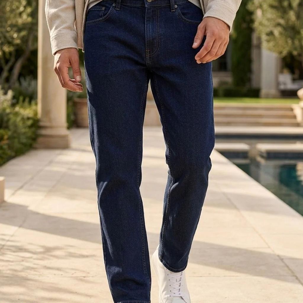 Men's Blue Straight Fit Raw Washed Denim Jeans Stretchable