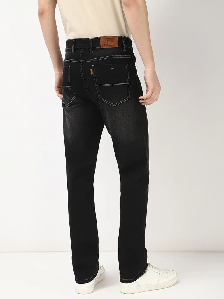 Men's Black Straight Fit Washed Jeans Stretchable — photo 3