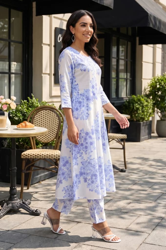 White Floral Printed Cotton Flax Flared Kurta — photo 6