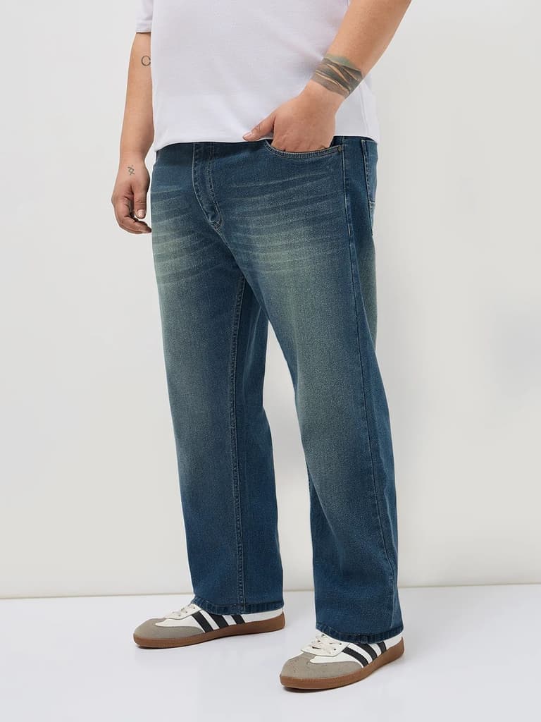 Plus Men's Light Blue Regular Fit Whisker Washed Yellow Tint Denim Jeans Stretchable — photo 2