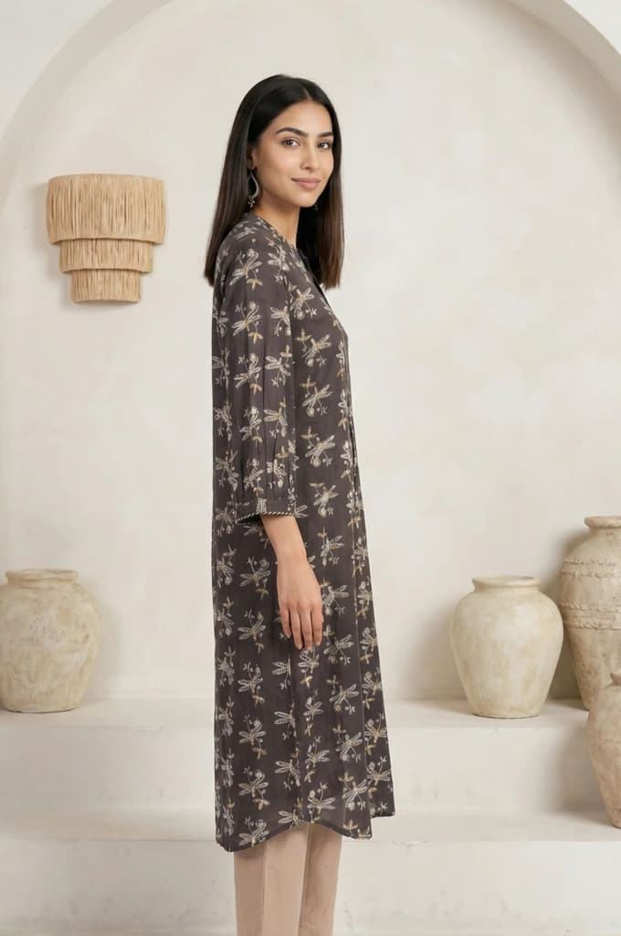 Charcoal Botanical Printed Pure Cotton Pleated Kurta — photo 5