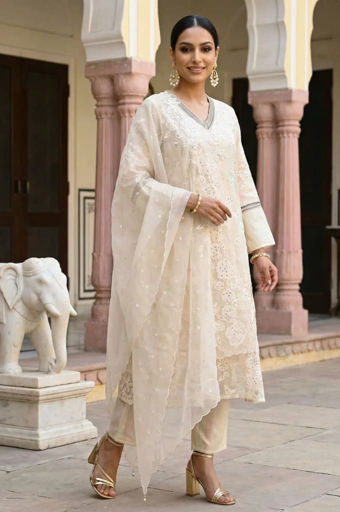 Powder Yellow Sequins Embroidered Straight Georgette Kurta with Straight Pants and Dupatta Set — S