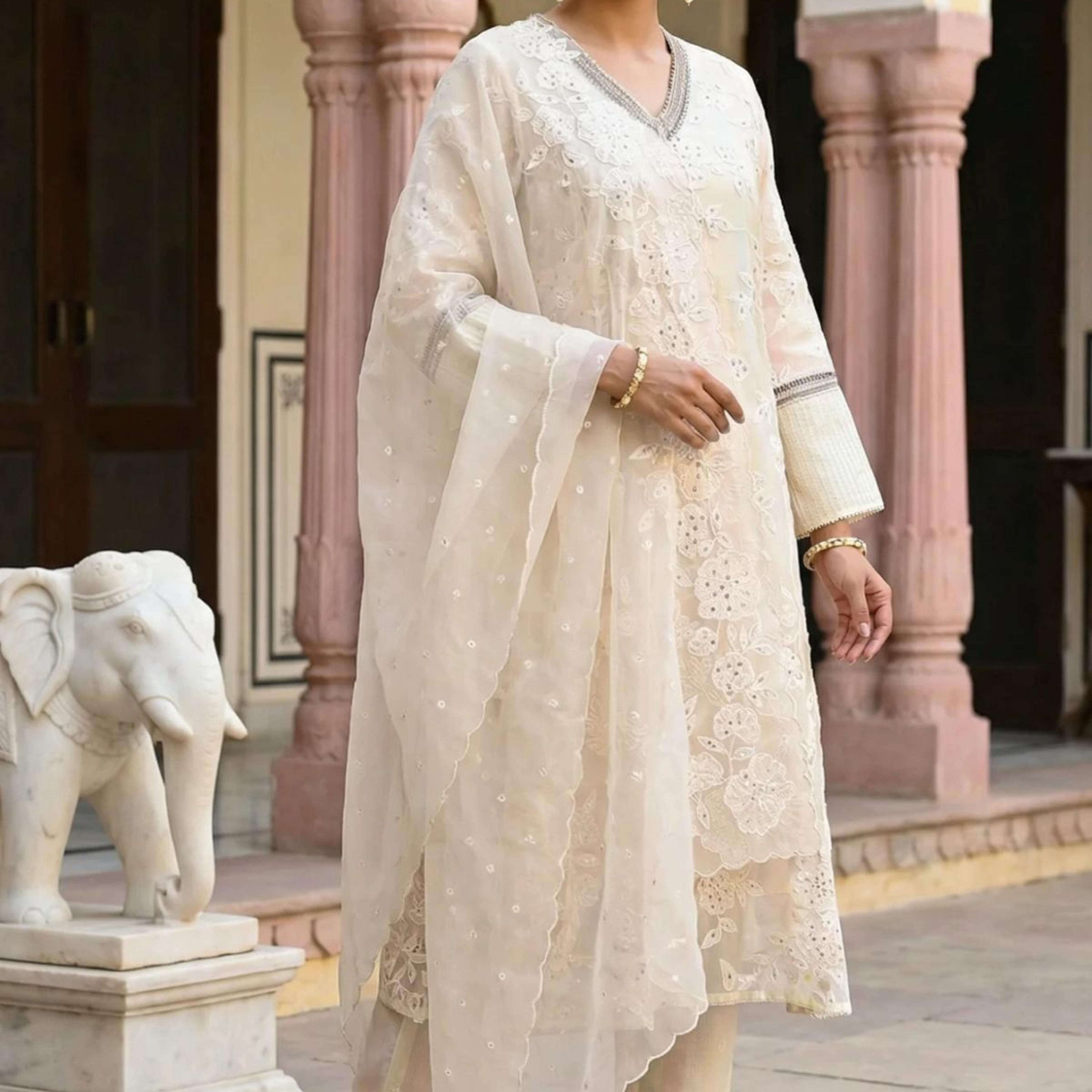 Powder Yellow Sequins Embroidered Straight Georgette Kurta with Straight Pants and Dupatta Set