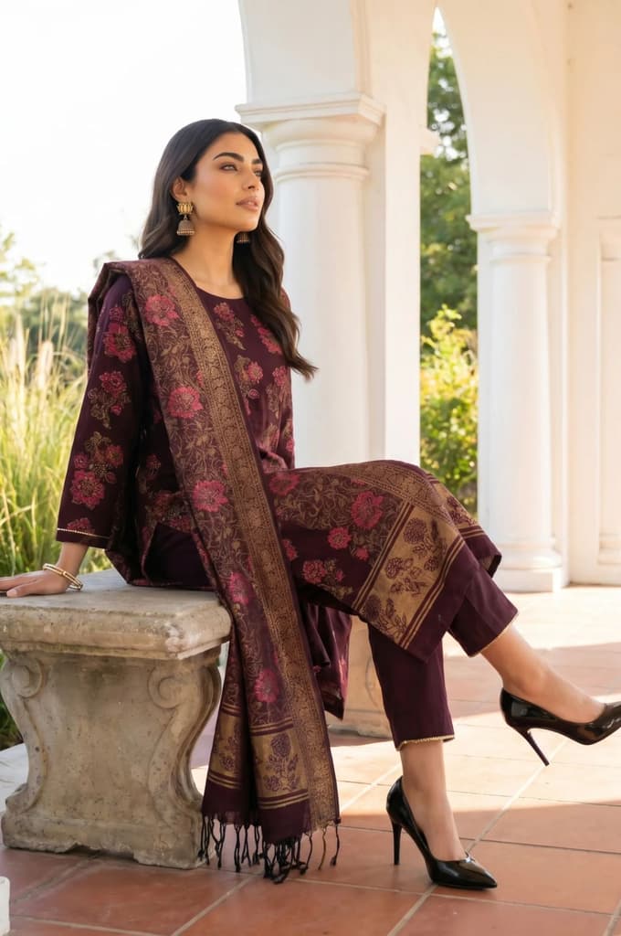 Maroon Lace Trim A-Line Jacquard Kurta with Straight Pant and Dupatta Set — photo 2