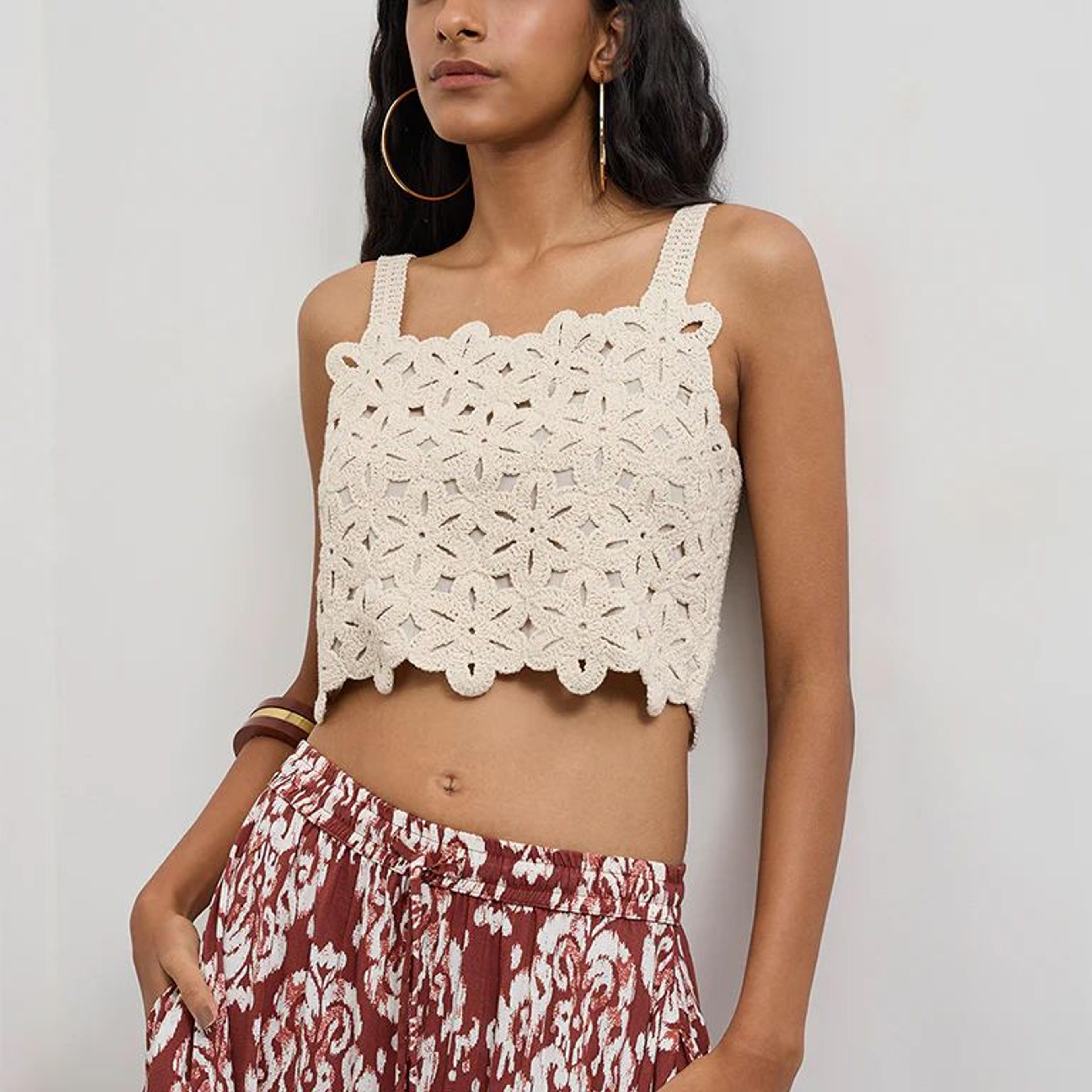 Bombay Paisley Off-White Crochet Embroidered Cotton Top
