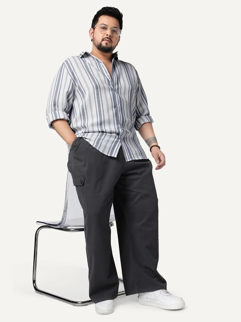 Plus Men's Navy Cotton Full Sleeve Relaxed Fit Linen Striped Shirt with Spread Collar — photo 4