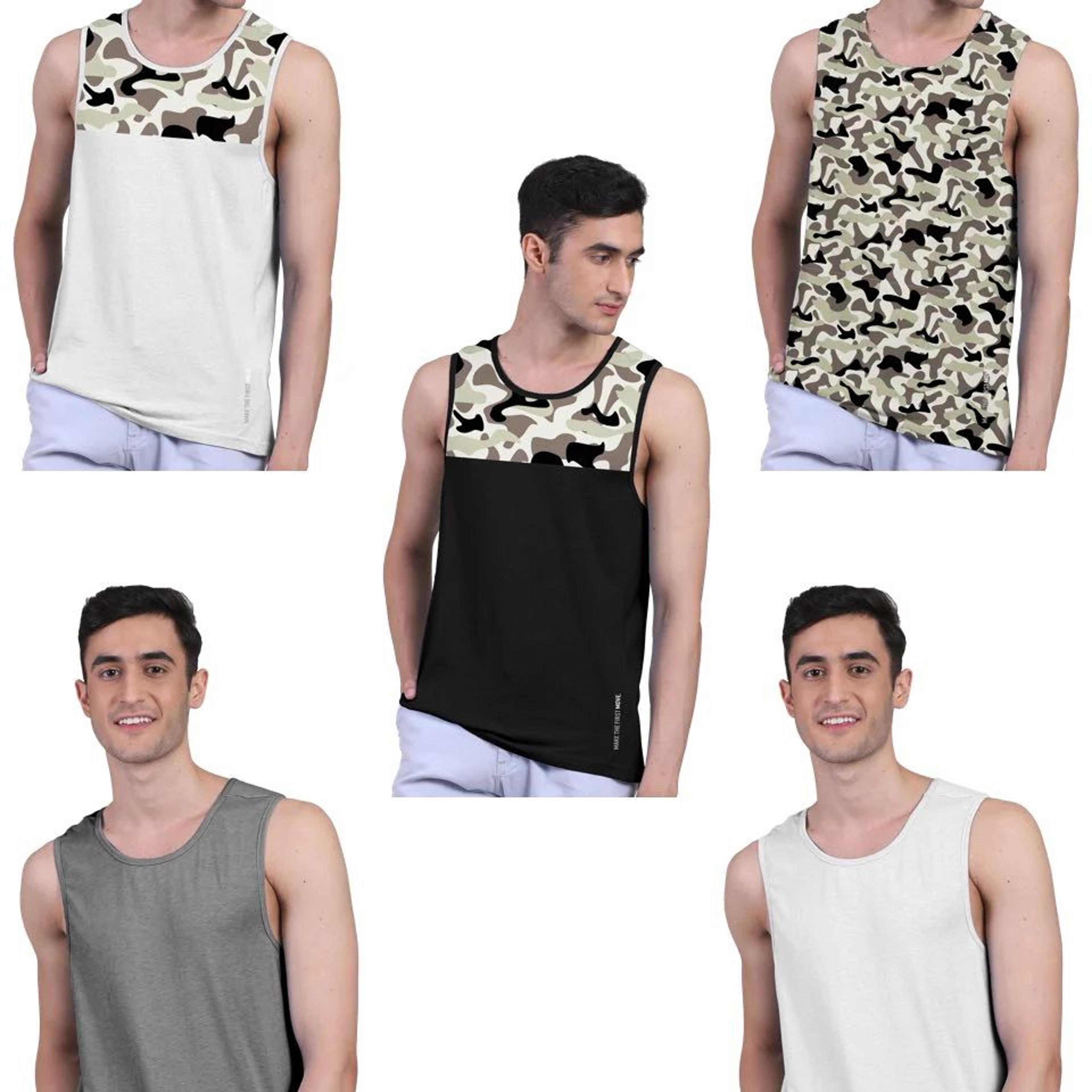 Camouflage Print & Twin Skin Organic Bamboo Vest Active Fit (Pack of 5)