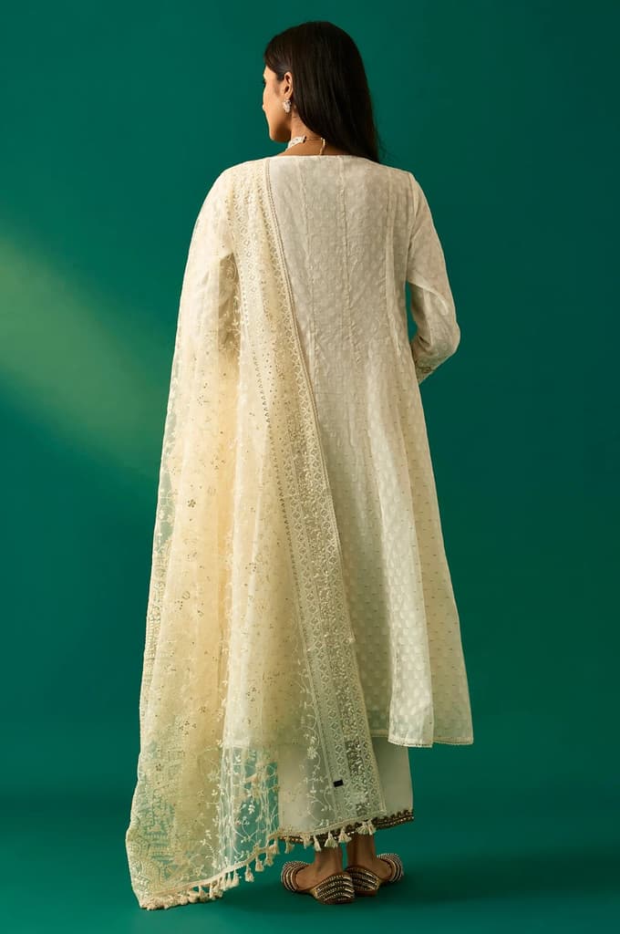 Off-White Embroidered Anarkali Cotton Kurta with Straight Pants and Dupatta Set — photo 4