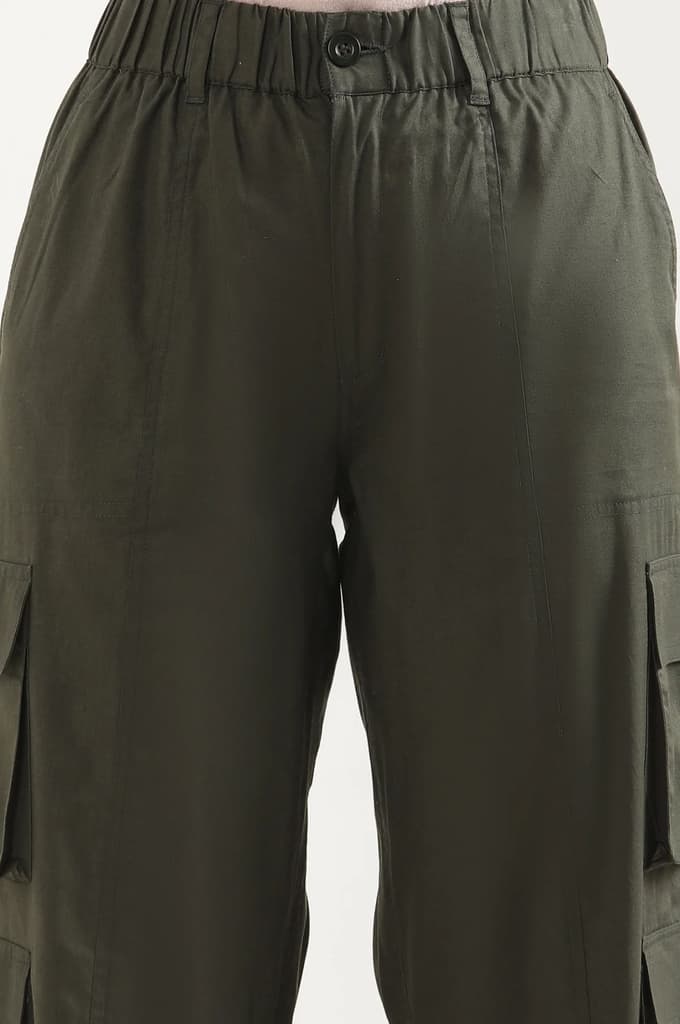 Muted Sage Green Solid Straight Fit Cotton Palazzo With Elasticated Waist And Cargo Pockets — photo 6