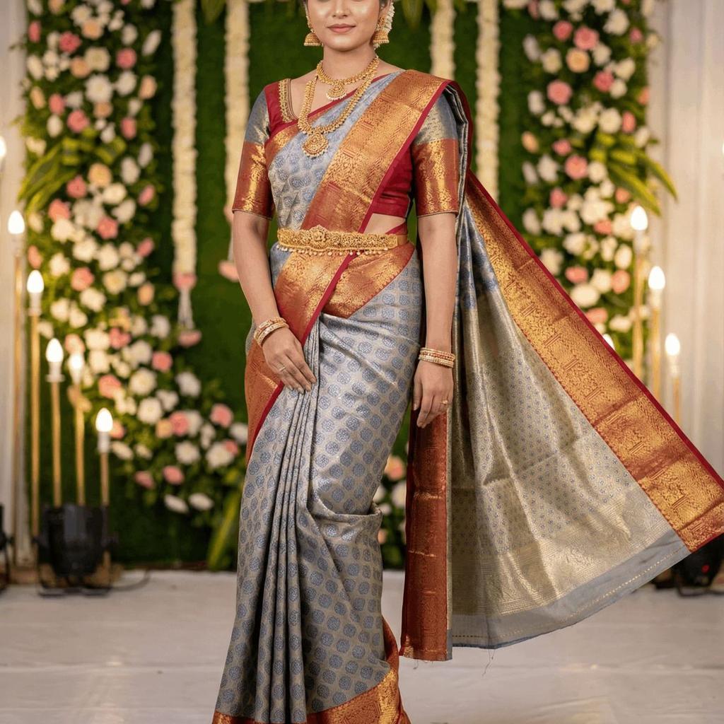 MIMOSA Women's Woven Design Kanjivaram Style Art Silk Saree with Blouse Piece - Navy Blue (SA00002734NVFREE)