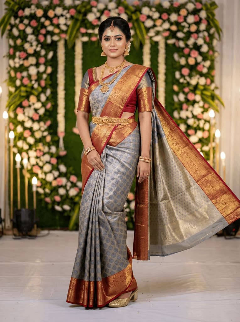 MIMOSA Women's Woven Design Kanjivaram Style Art Silk Saree with Blouse Piece - Navy Blue (SA00002734NVFREE) — Default Title