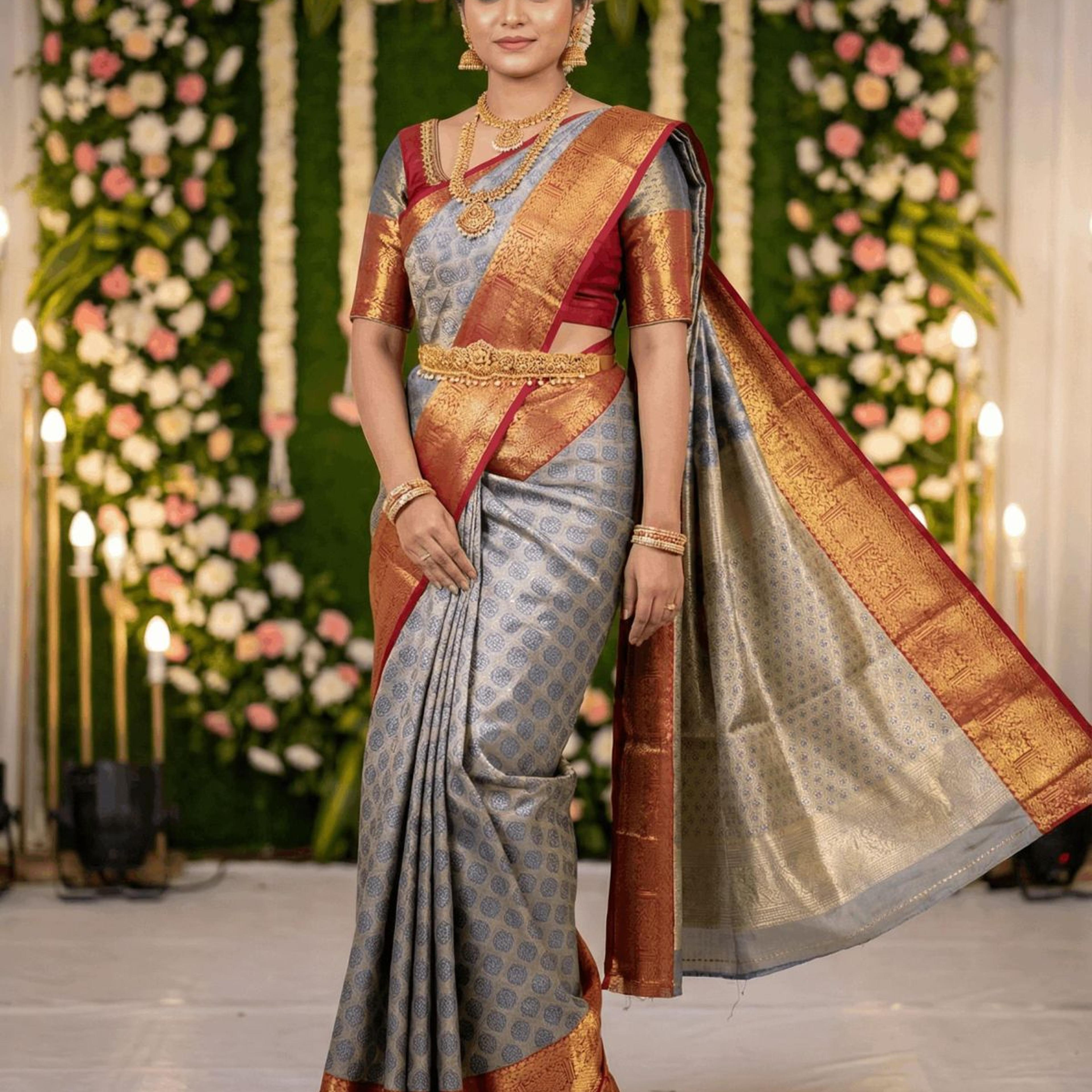MIMOSA Women's Woven Design Kanjivaram Style Art Silk Saree with Blouse Piece - Navy Blue (SA00002734NVFREE)