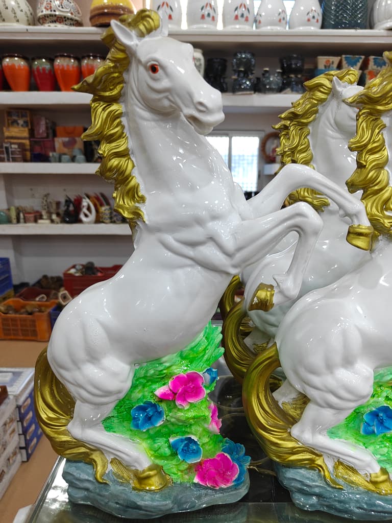 White Horse Statue | Ceramic | Gold Trim | Decorative