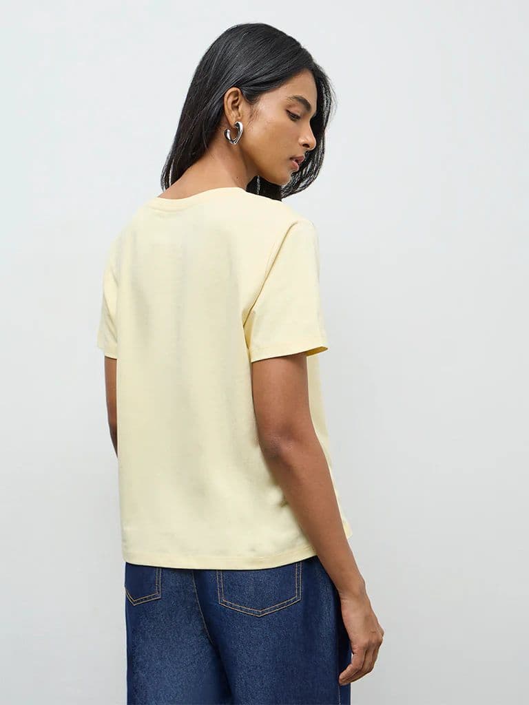 LOV Light Yellow Graphic Printed Cotton T-Shirt — photo 4